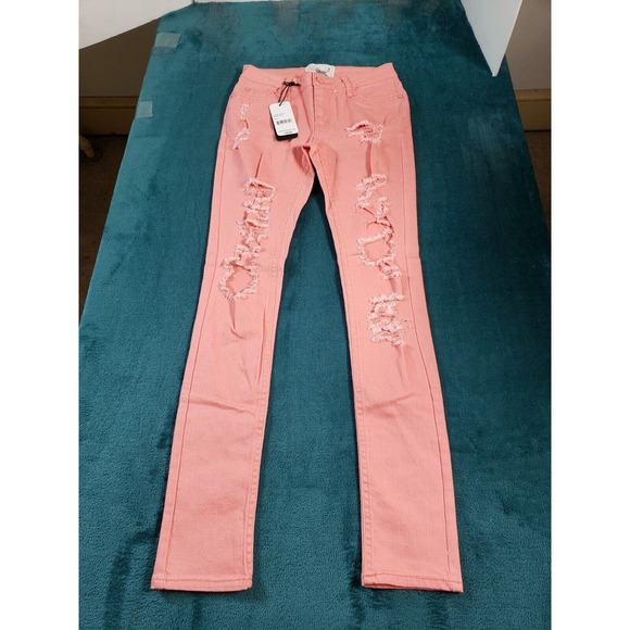 Soho Babe Jeans Sz 1 Womens Pink Mid Rise Skinny Distressed Stretch Ladies NWT - Picture 1 of 13